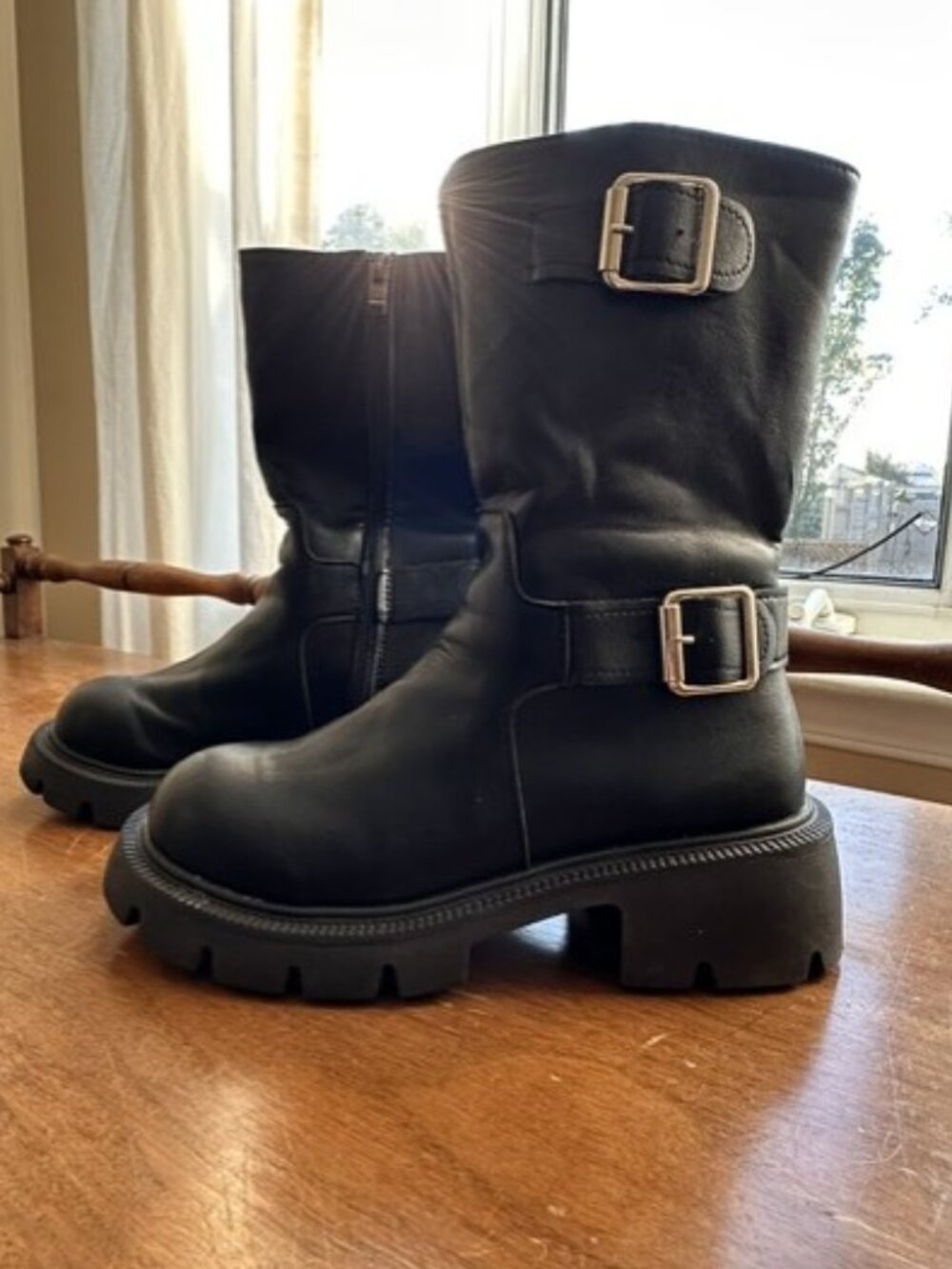 Black Chunky Lug Sole Buckle Moto Boots Size 42